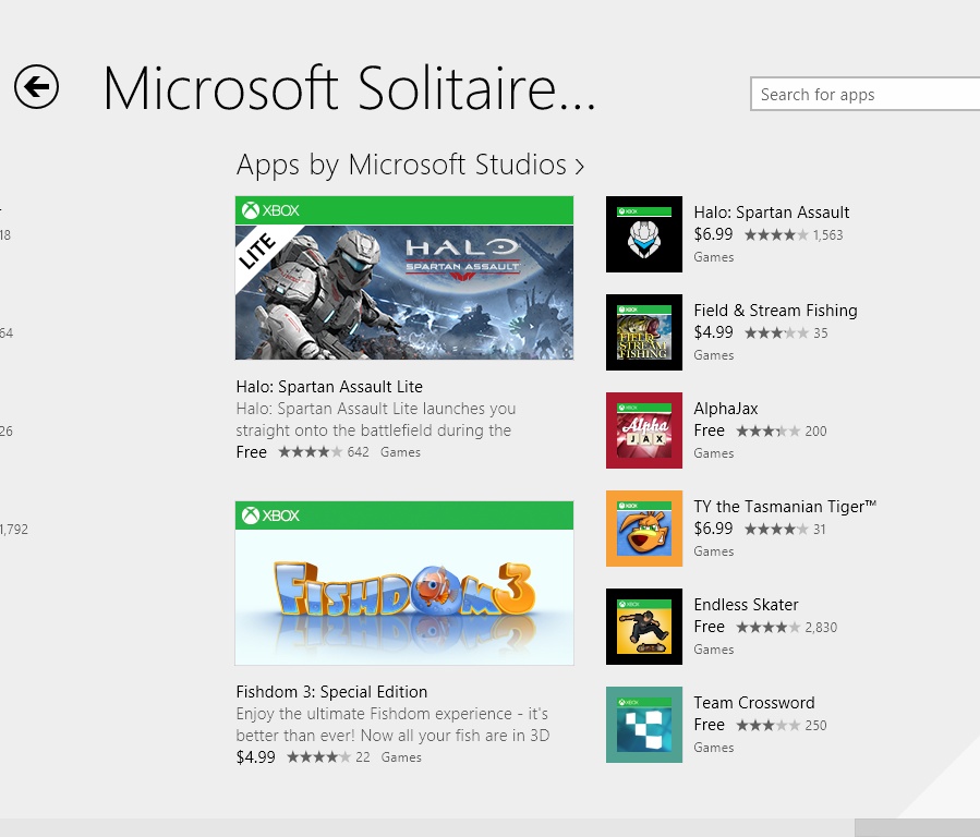 A screen shot of the Microsoft Solitaire Collection’s listings page, where you can find a lot of information about the app.