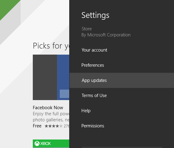 A screen shot of the Settings charm, where you can configure the Store properties.