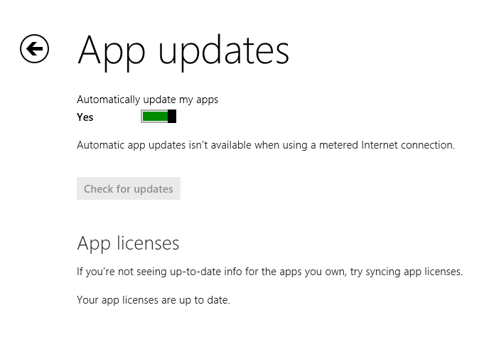 A screen shot of the App updates window; by default, apps will automatically update.