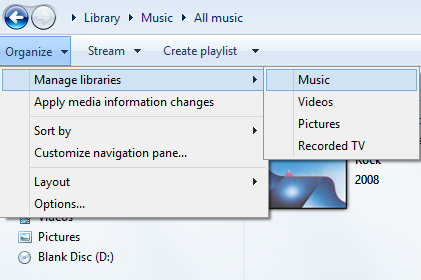 A screen shot of the Organize tab, where you can manage libraries, among other things.