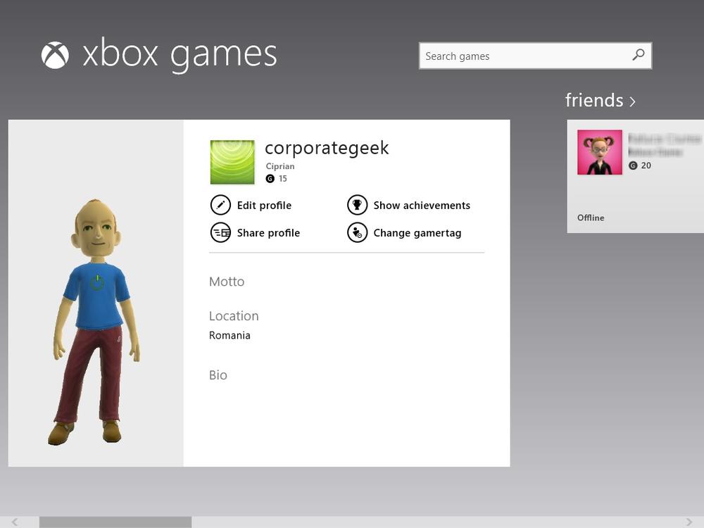 A screen shot of a profile in the Xbox Games app.