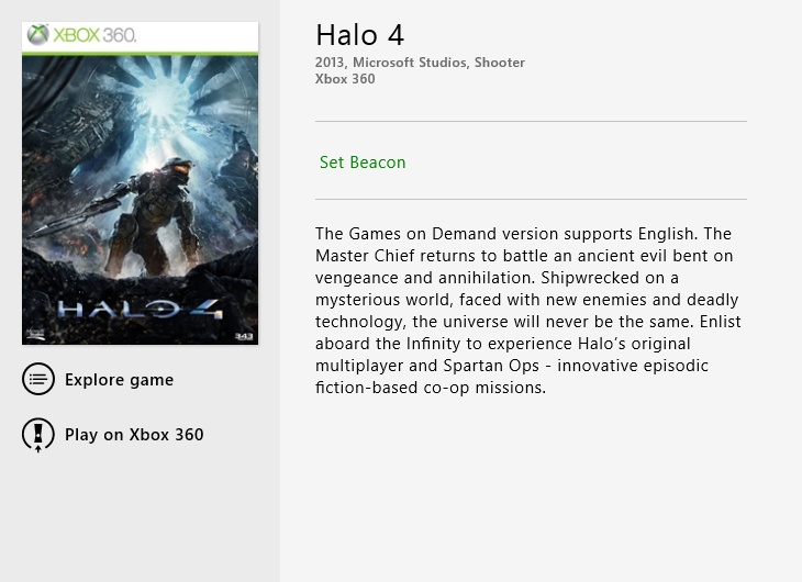 A screen shot of the Halo 4 game in the Xbox SmartGlass app.