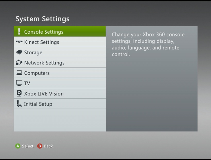 A screen shot of the System Settings window on the Xbox.