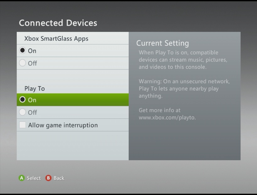 A screen shot of the Connected Devices window on the Xbox.