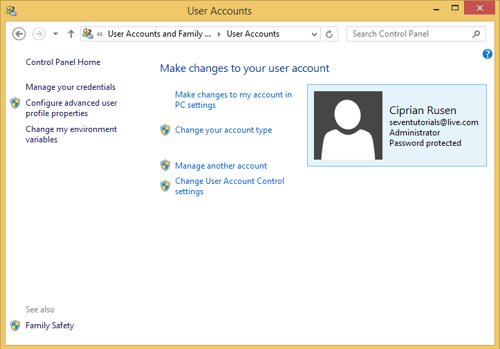 A screen shot of the User Accounts panel, listing the changes you can make to your user account.