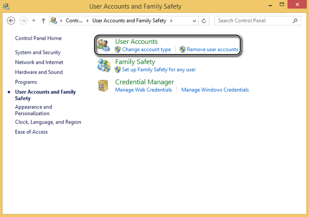 A screen shot of the User Accounts and Family Safety panel.