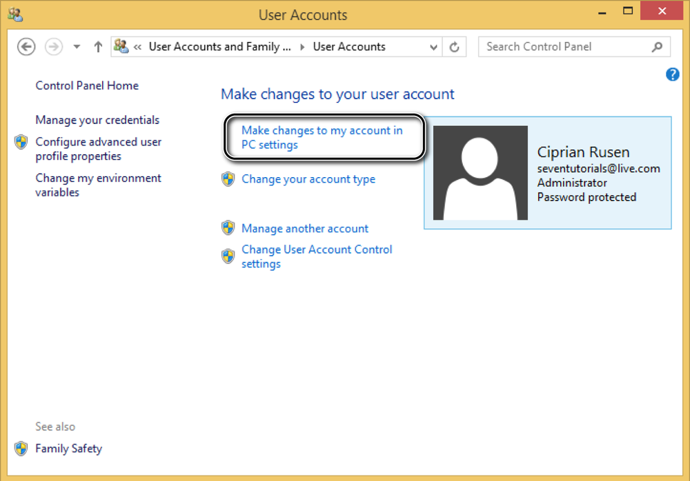 A screen shot of the User Accounts panel, listing the changes you can make to your user account.