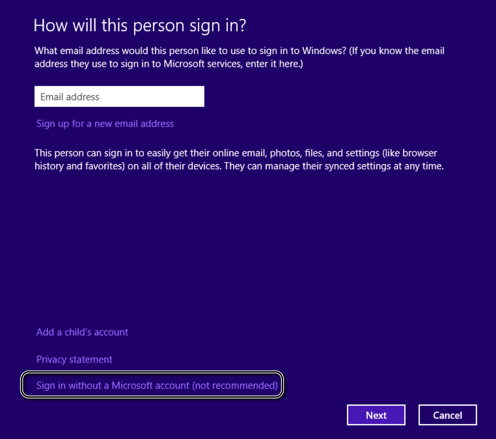 A screen shot of the wizard for adding a new user account and the link for signing in without a Microsoft account.