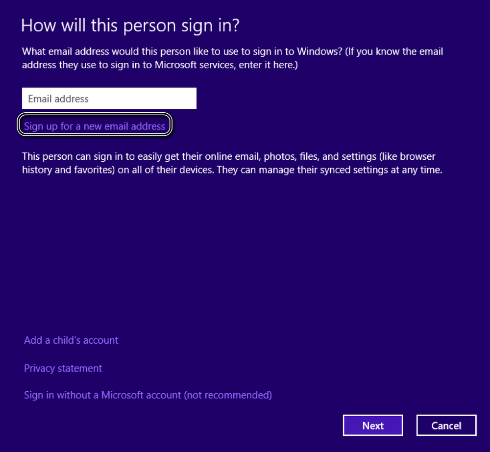 A screen shot of the wizard for adding a new user account in Windows 8.1.