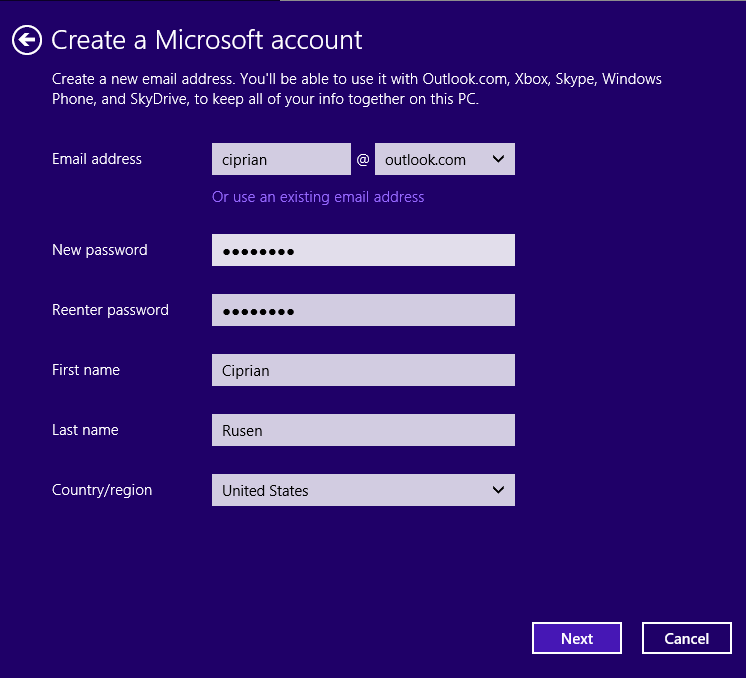 A screen shot of the form for creating a Microsoft Account in Windows 8.1.