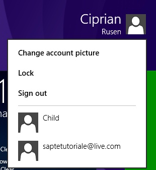 A screen shot of the contextual user menu shown at the top of the Start screen.