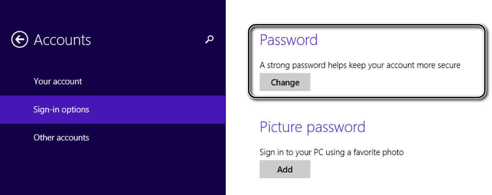 A screen shot of the Accounts panel in PC Settings and the button for changing your password.