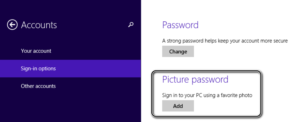 A screen shot of the Accounts panel in PC Settings and the button for adding a picture password.