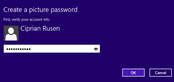 A screen shot of the wizard for creating a picture password.