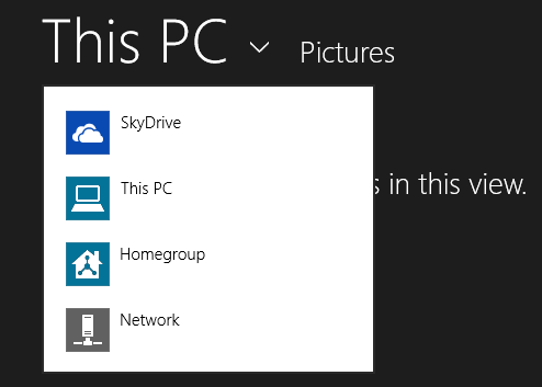 A screen shot of the This PC window where you can browse your files-in your SkyDrive, computer, Homegroup, and Network.