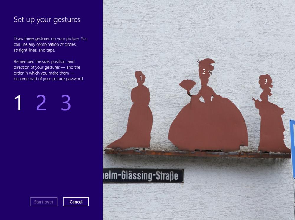 A screen shot of the wizard for setting up the gestures on your picture password.