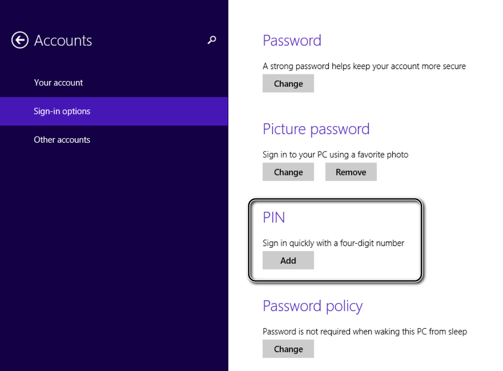 A screen shot of the Accounts panel, in PC Settings and the button for creating a PIN.