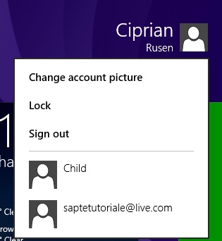 A screen shot of the contextual user menu shown at the top of the Start screen.