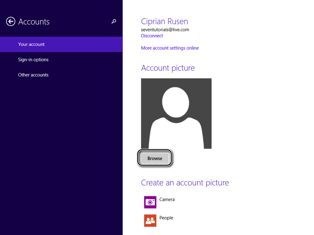 A screen shot of the Accounts panel in PC Settings, where you can edit your user account.