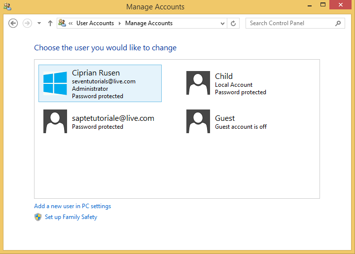 A screen shot of the Manage Accounts window, listing all the existing users.