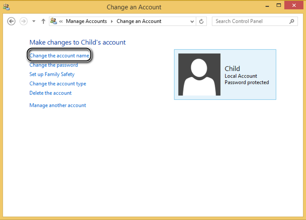 A screen shot of the Change An Account window where you can change your user account.