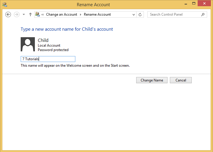 A screen shot of the Rename Account window, where you rename your user account.