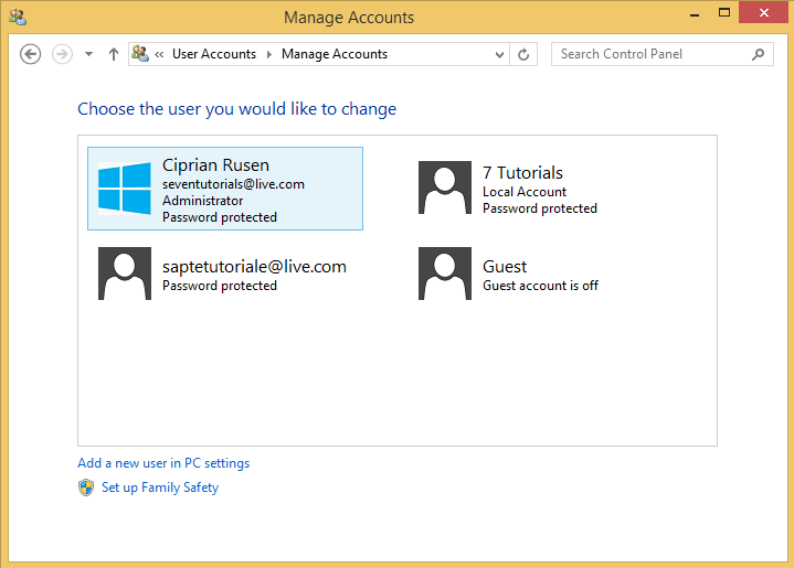 A screen shot of the Manage Accounts panel listing the user accounts existing on your PC.