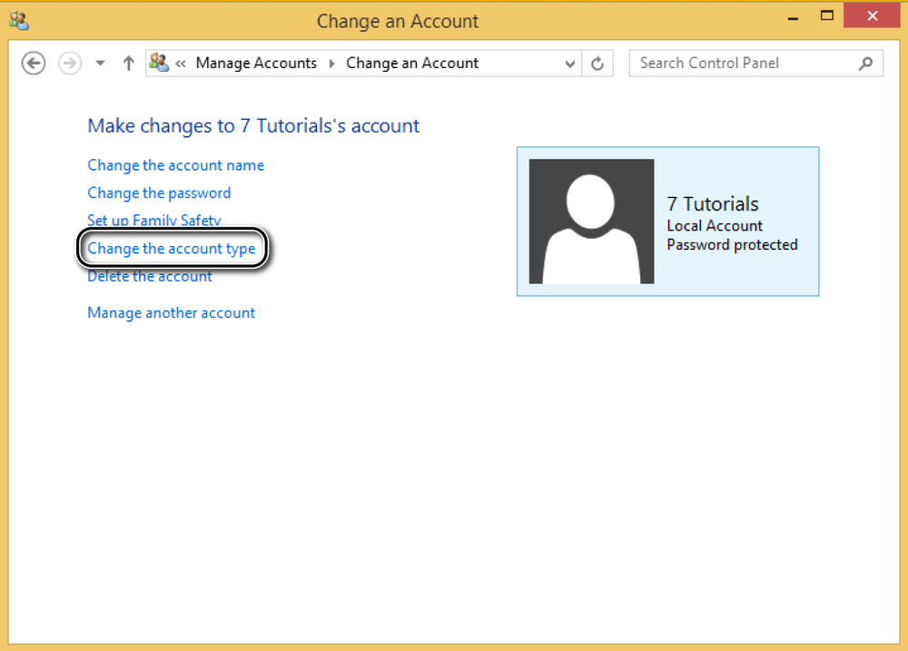 A screen shot of the Change An Account window where you can change your user account.