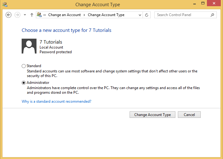 A screen shot of the Change Account Type window where you change the type of a user account.