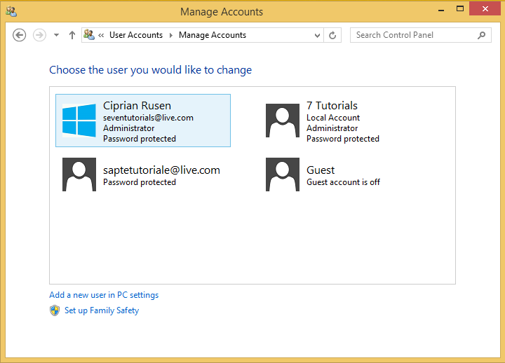 A screen shot of the Manage Accounts panel listing the user accounts existing on your PC.