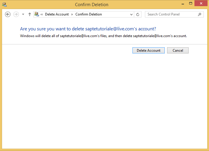 A screenshot of the Confirm Deletion window, where you confirm the deletion of a user account.