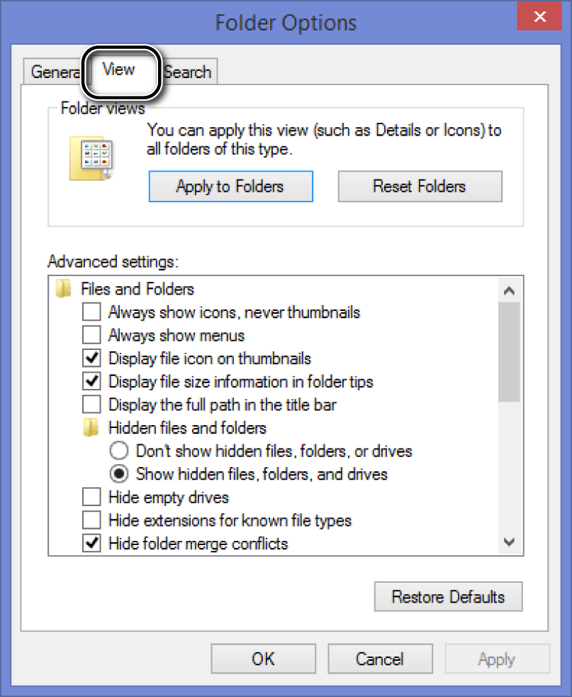 A screen shot of the View tab in the Folder Options dialog box.