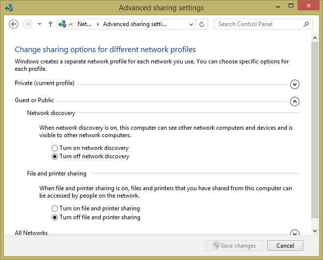 A screen shot of the Advanced Sharing Settings window displaying network sharing settings with the Guest or Public settings maximized.