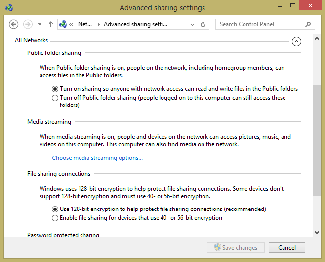 A screen shot of the Advanced Sharing Settings window displaying network sharing settings with Public Folder Sharing turned on.