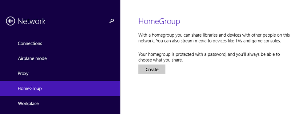 A screen shot of the HomeGroup subsection in PC Settings under Network.