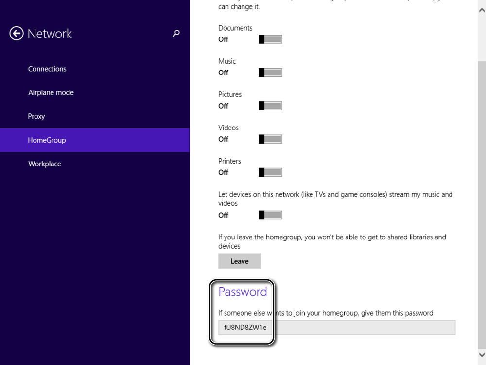 A screen shot of the Password section of the HomeGroup under Network.
