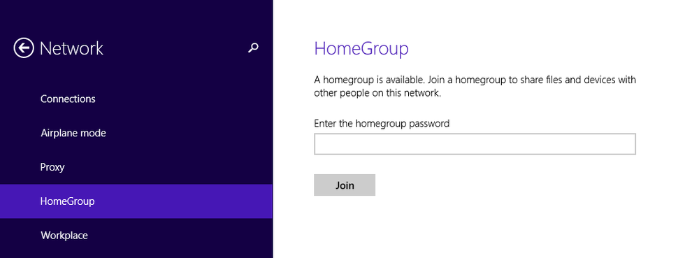 A screen shot of the HomeGroup subsection in PC Settings under Network, asking for the HomeGroup password.