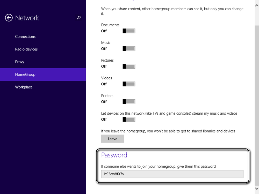 A screen shot of the HomeGroup subsection in PC Settings under Network, displaying the HomeGroup password.
