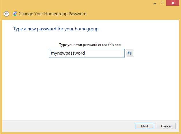 A screen shot of the Change Your Homegroup Password wizard showing a new password being typed.