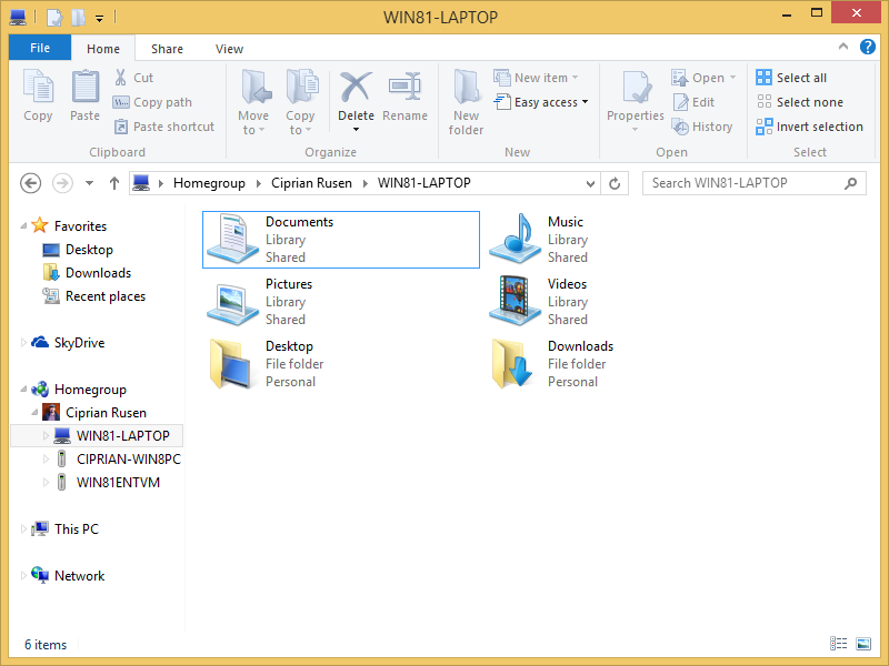 A screen shot of the HomeGroup in File Explorer, displaying devices and their shared folders and libraries.