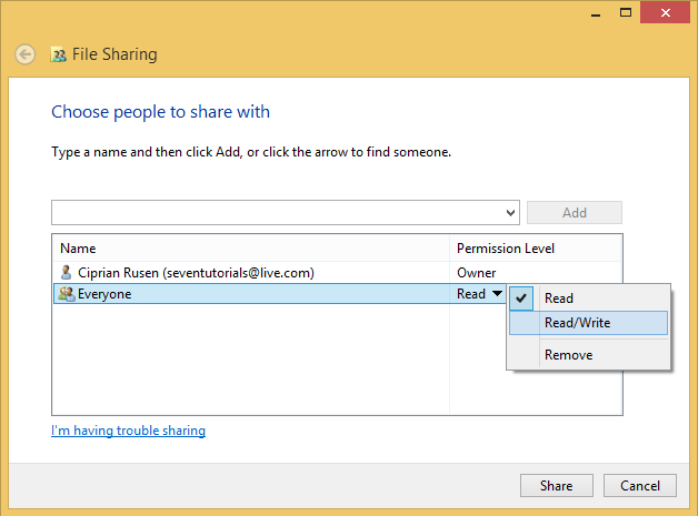 A screen shot of the File Sharing Wizard showing the permission options for users you share with.