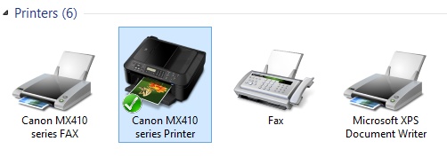 A screen shot of the printers available in the Devices And Printers window.