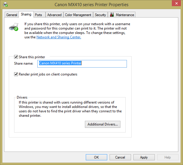 A screen shot of the Printer Properties window where you can set up a Share Name.