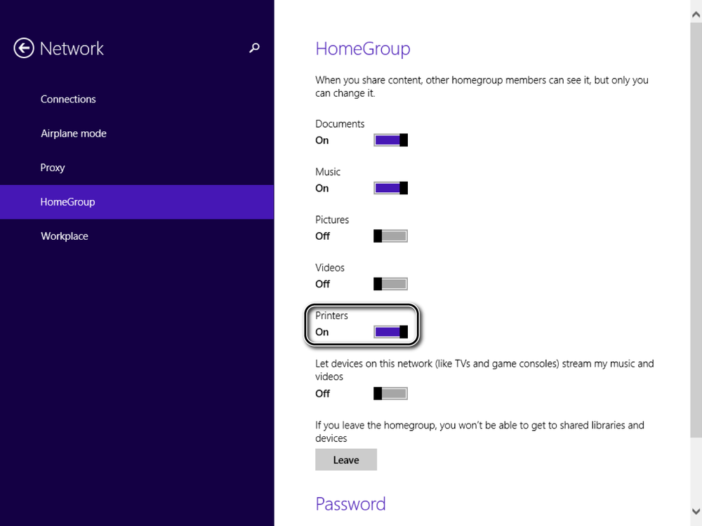 A screen shot of the HomeGroup subsection in PC Settings under Network with printer sharing turned on.