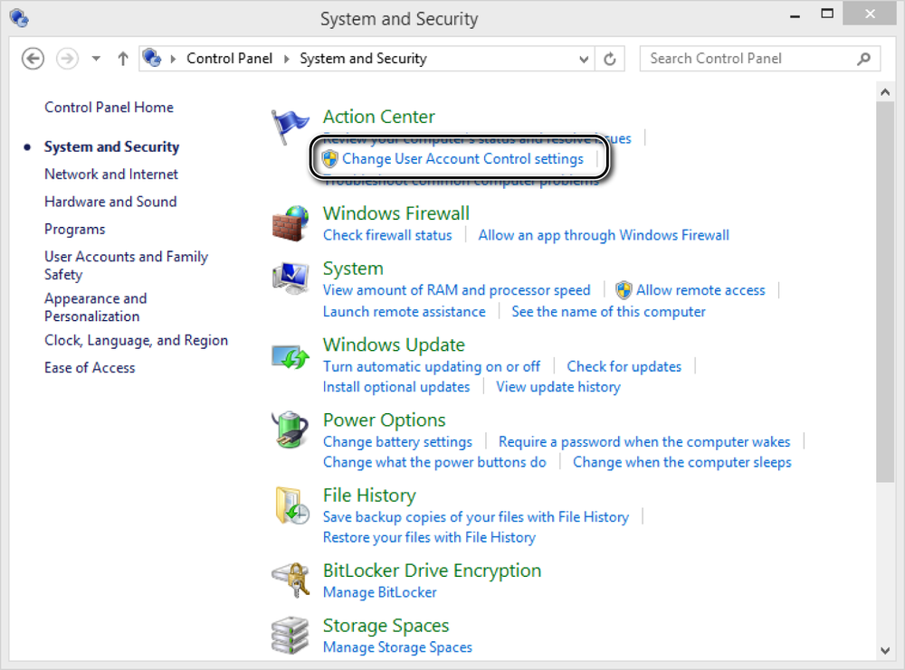 A screen shot of the System and Security window, displaying the option to change user account control settings.