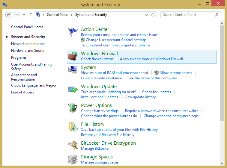 A screen shot of the System and Security window with Windows Firewall highlighted.