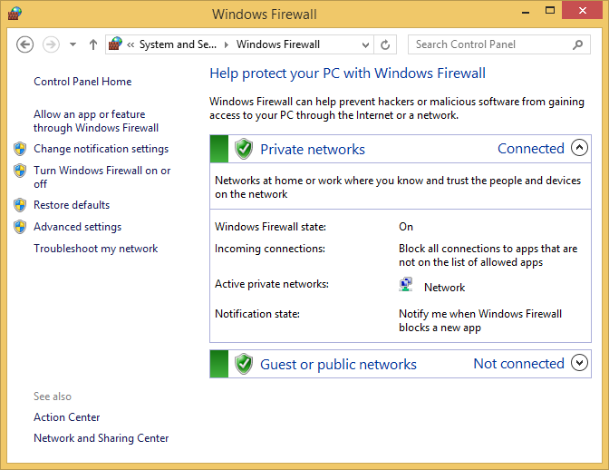 A screen shot of the Windows Firewall window.