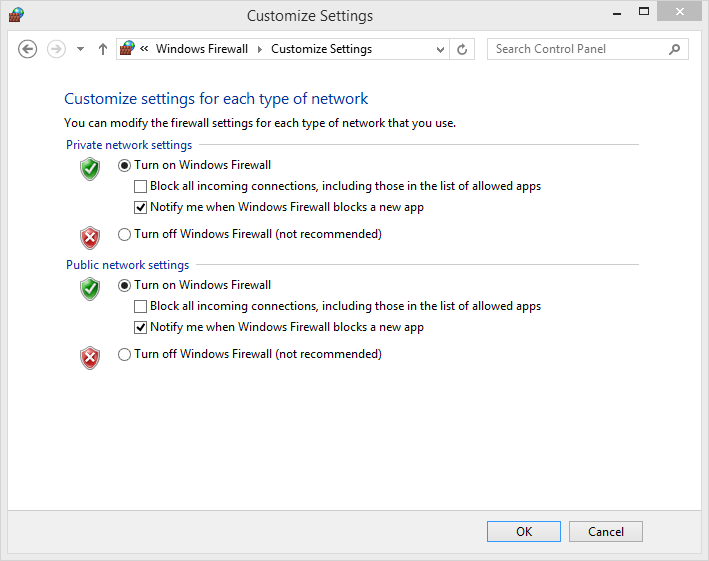 A screen shot of the Customize Settings window with settings related to the Windows Firewall.