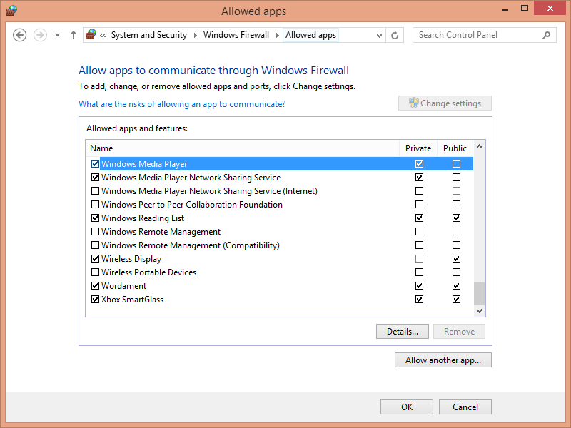 A screen shot of the Allowed Apps window with apps and features allowed or blocked by the Windows Firewall.