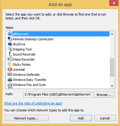 A screen shot of the Add An App window where you can add apps to the Windows Firewall.